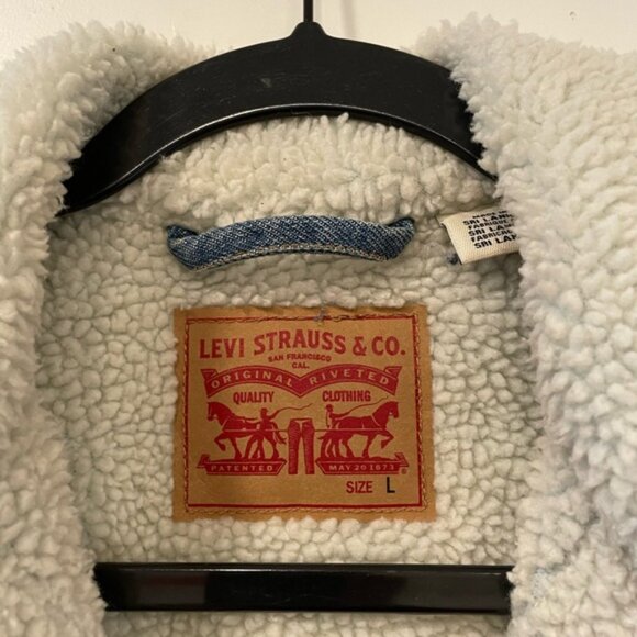 LEVI'S Women's Original Denim Jean Jacket Snap Sherpa Lined Trucker Size Large - Picture 2 of 5